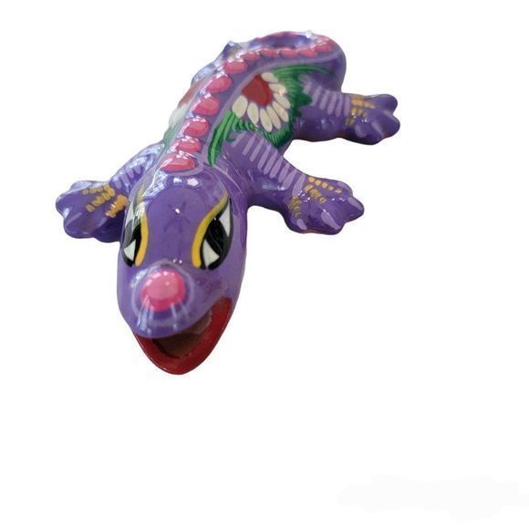 Hand painted clay floral purple gecko Lizard pottery hangs Mexicana Aztec boho - Picture 2 of 5